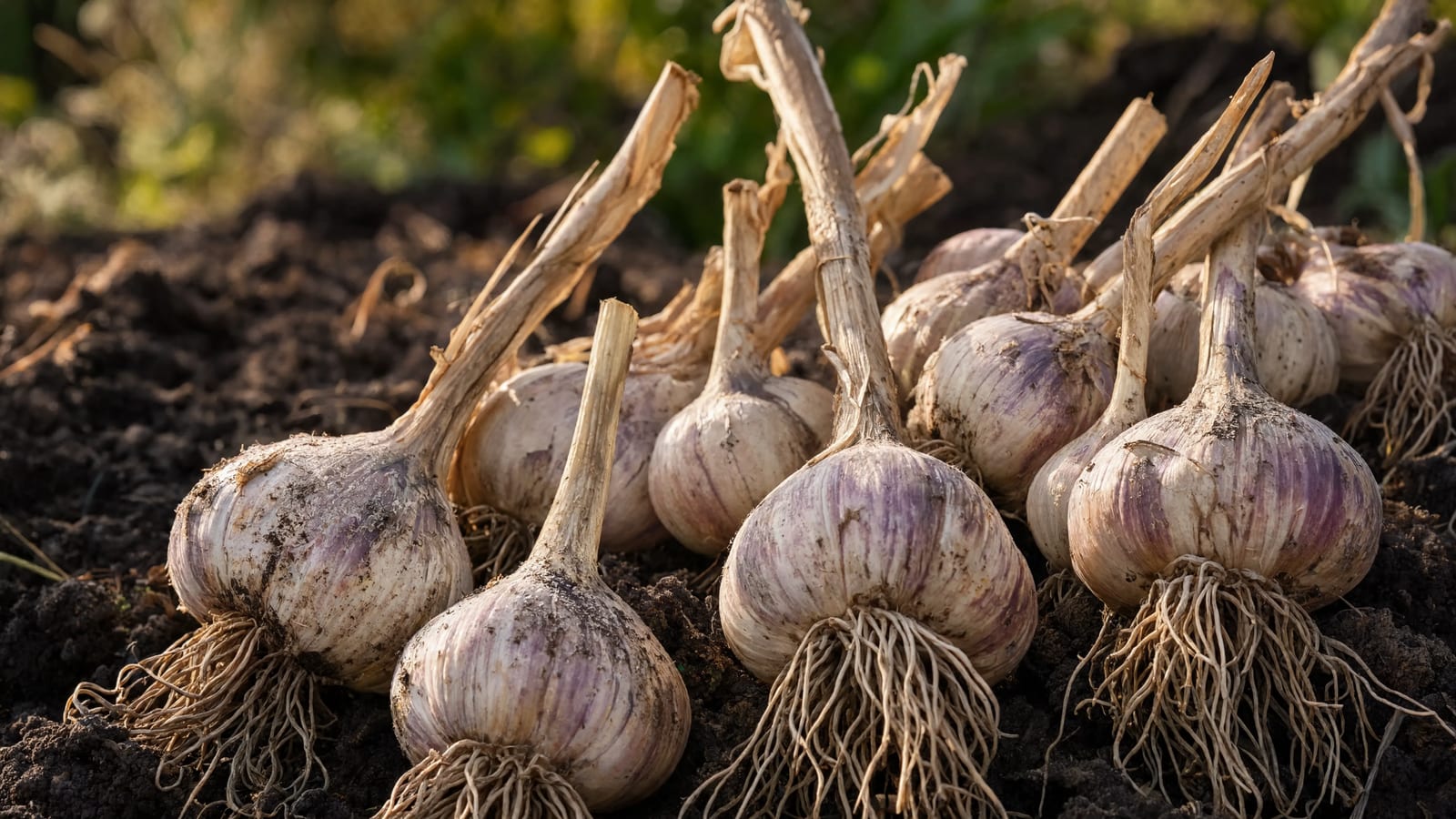 Fresh garlic bulbs with roots ready for curing
