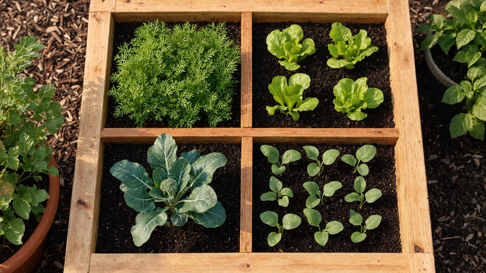 A raised bed divided into a grid of one foot squares with seedlings planted inside