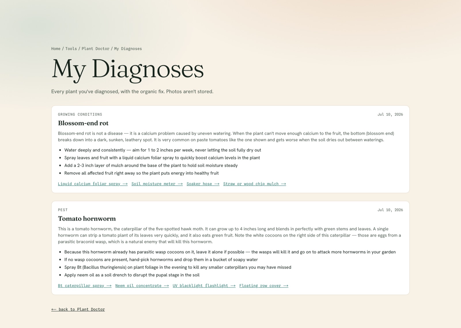 The My Diagnoses page with saved plant-doctor results for blossom-end rot and tomato hornworm, each with its organic fix