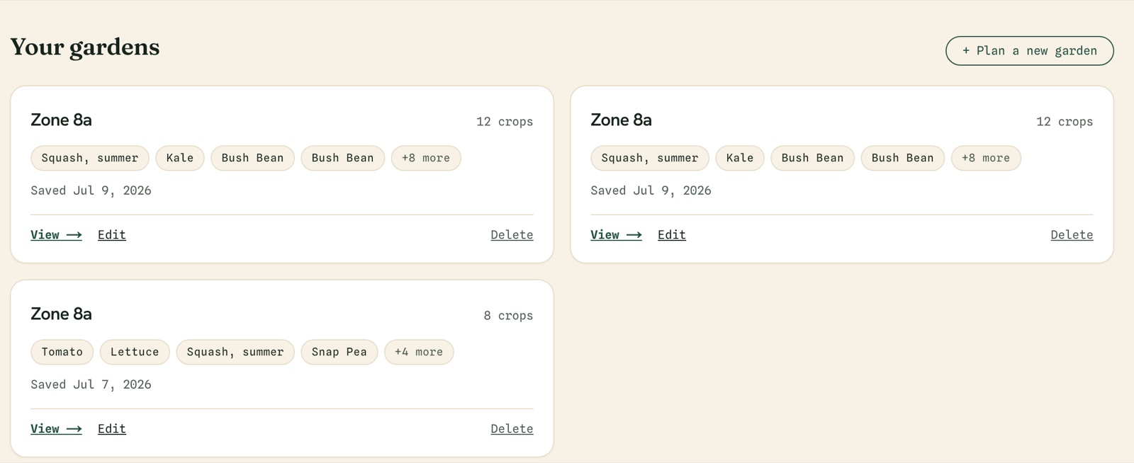 The My Garden dashboard showing several saved garden plans side by side, each with its crop list