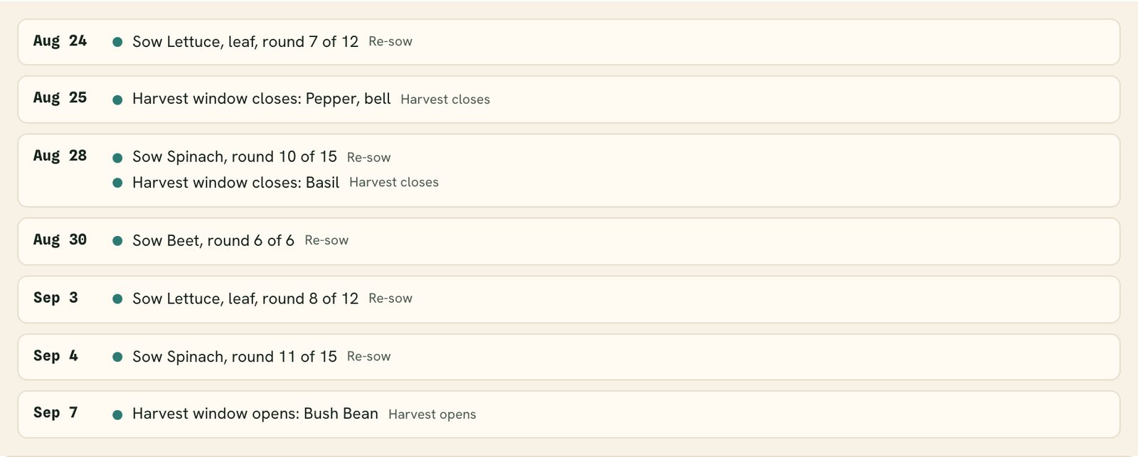 The agenda view listing dated events like Sow Spinach round 10 of 15, Harvest window closes: Basil, and Harvest window opens: Bush Bean