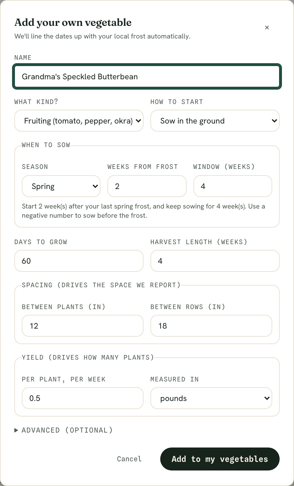The Add your own vegetable form, filled in with a family heirloom bean, with sowing, spacing, and yield fields