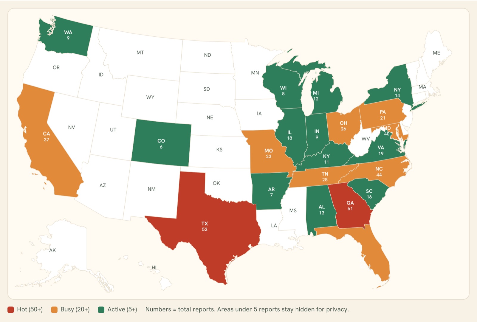 The Pest Radar map: US states shaded green, orange, or red by this week's community pest reports, with a legend