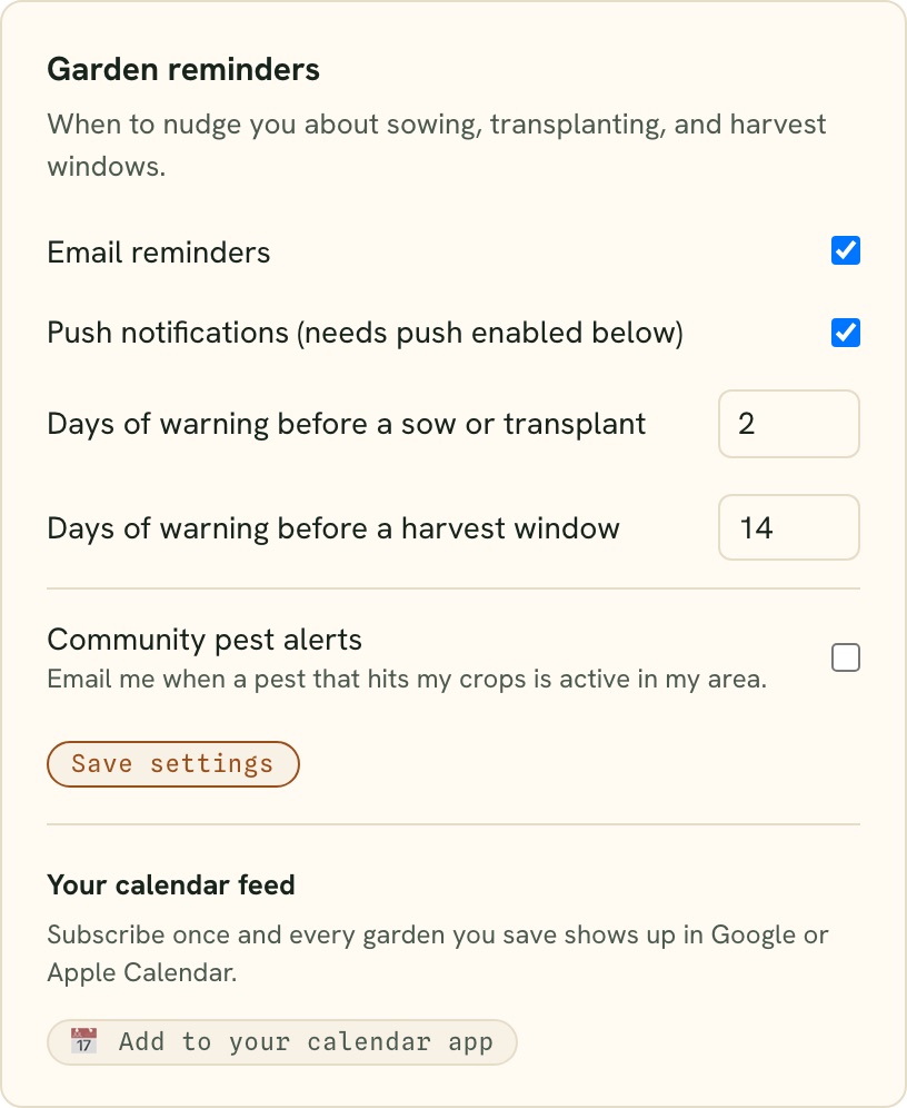 The garden reminders settings: email and push toggles plus days of warning before sow and harvest windows