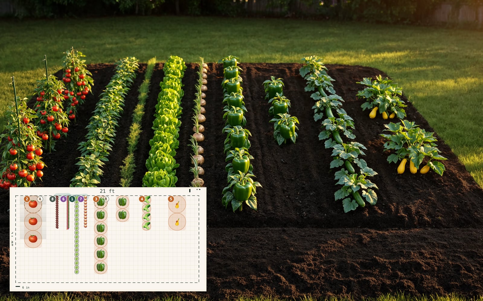A photorealistic render of a planned vegetable garden shown beside its blueprint layout