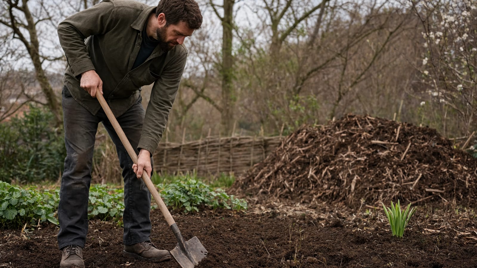 A gardener turning rich soil with a spade