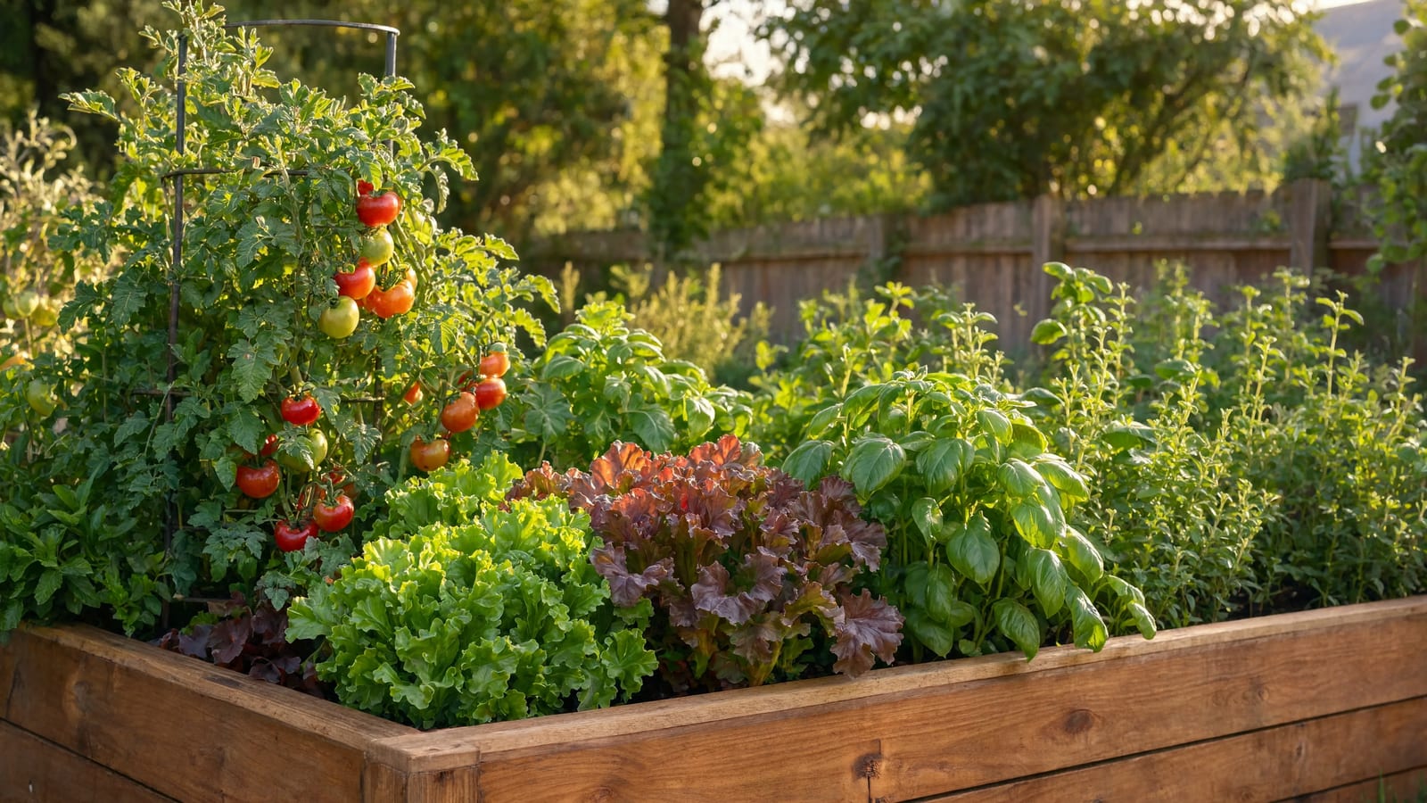 A lush raised garden bed with vegetables growing