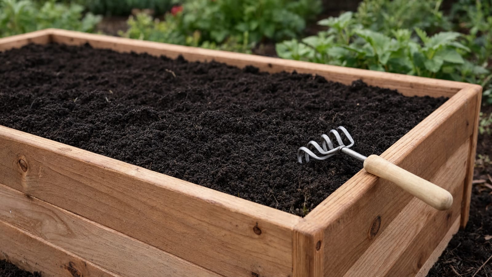 A well-maintained raised bed full of dark, rich garden soil