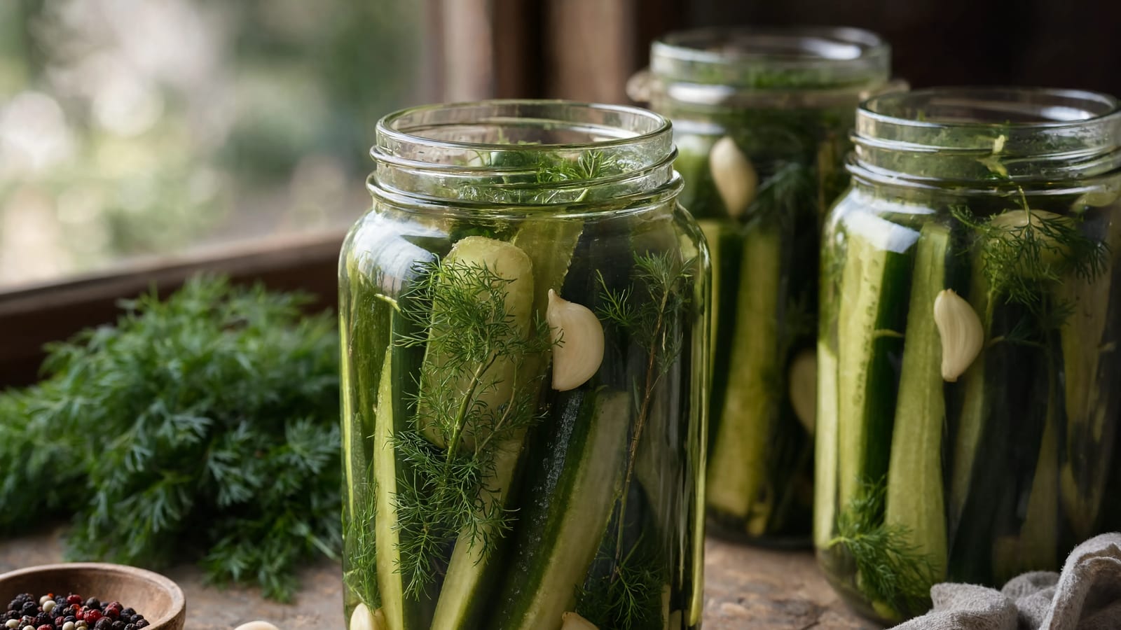 Glass jars of homemade pickled cucumbers with herbs