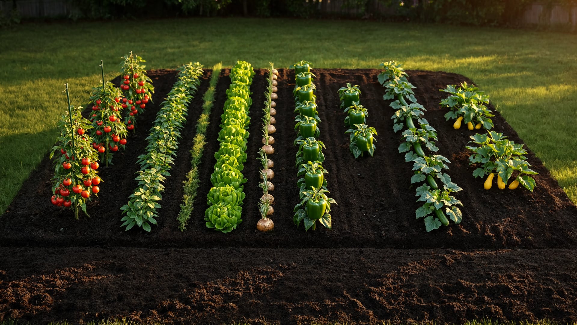 A photorealistic rendering of a planned vegetable garden at golden hour, every crop in its planned position