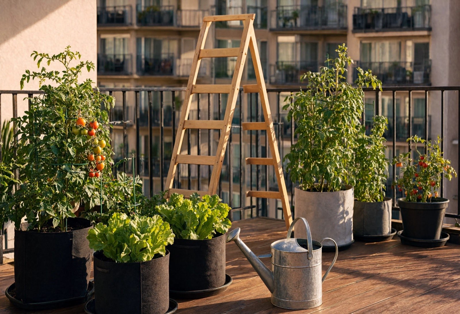 Small apartment balcony with fabric grow bags of tomatoes and greens, a freestanding trellis against the rail, and a watering can