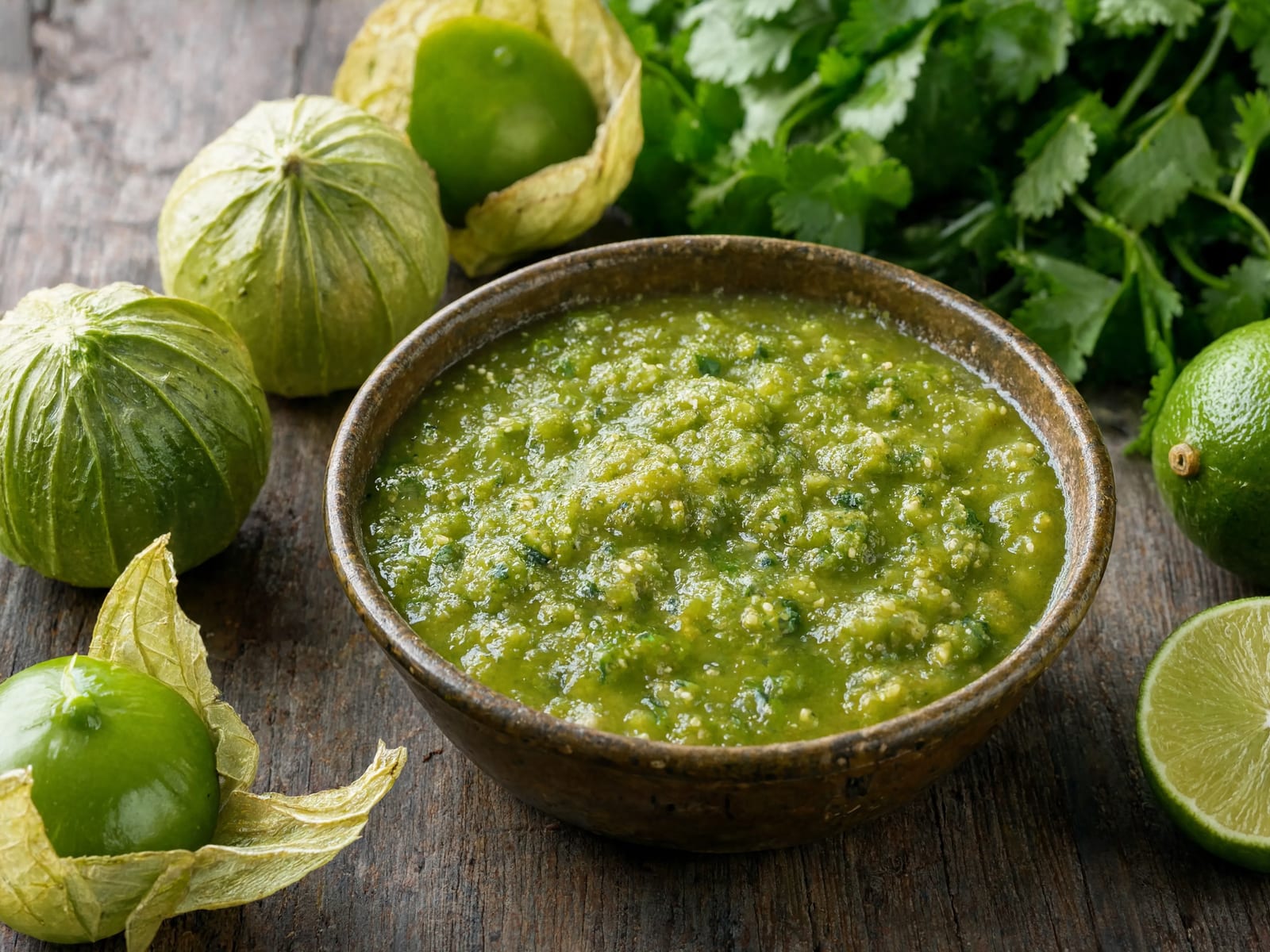 A bowl of green tomatillo salsa verde
