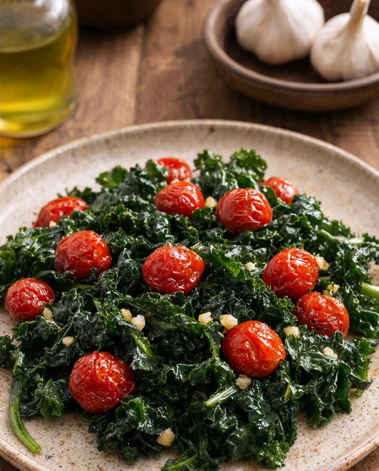 A plate of sauteed kale with cherry tomatoes