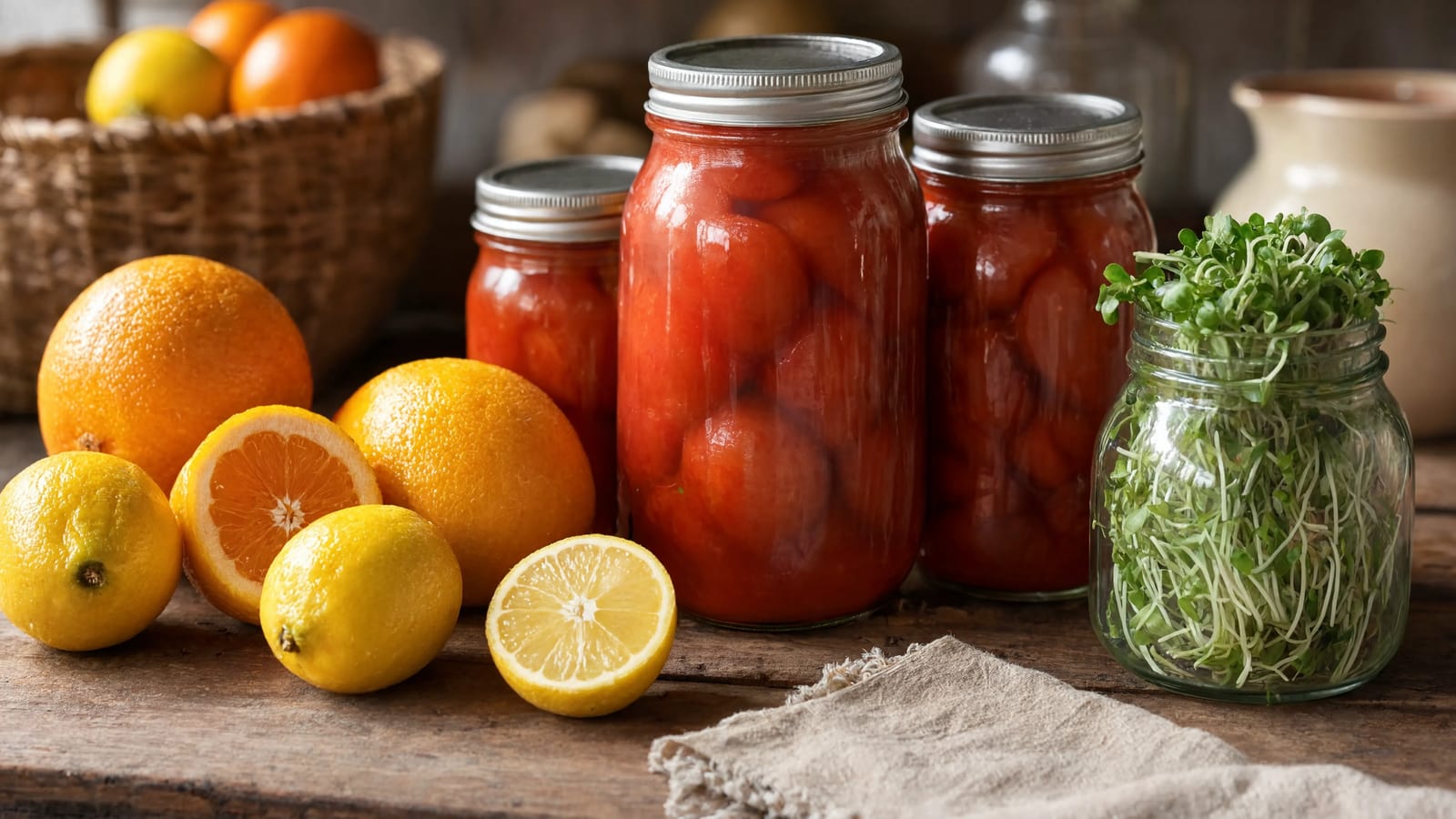Oranges and lemons beside canned tomatoes and a jar of fresh sprouts