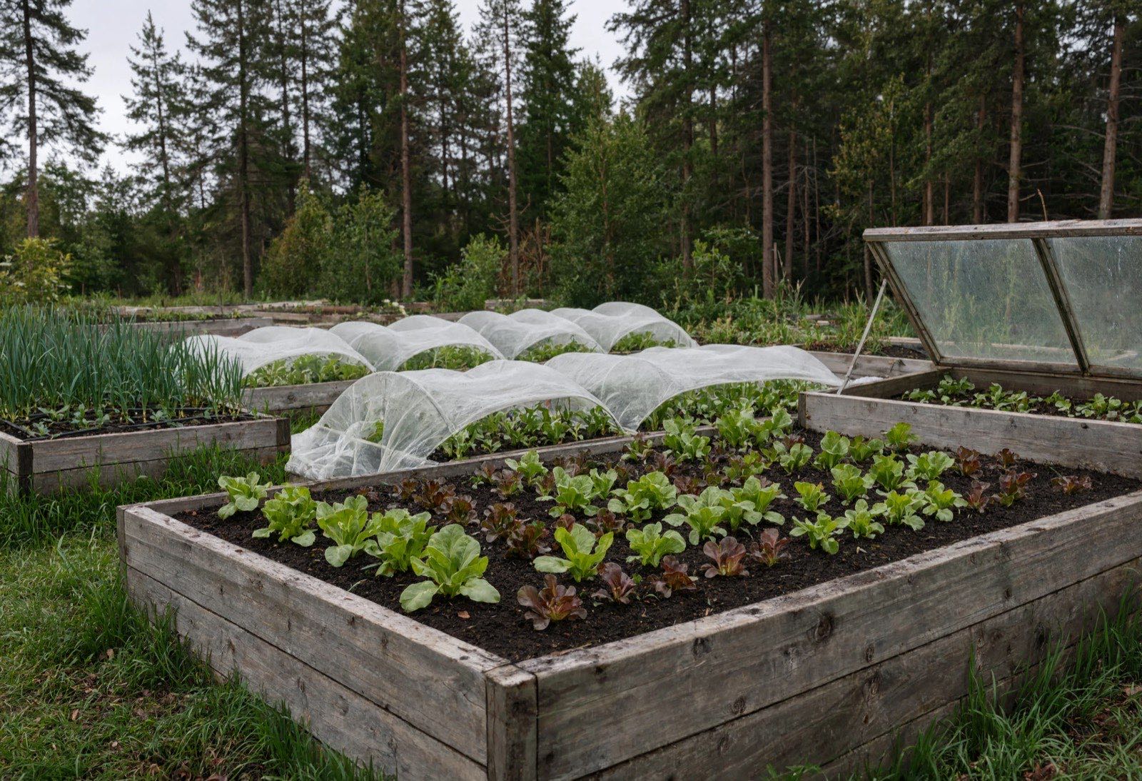 Northern vegetable garden in early summer with row cover hoops over young greens and a cold frame at the end of the bed