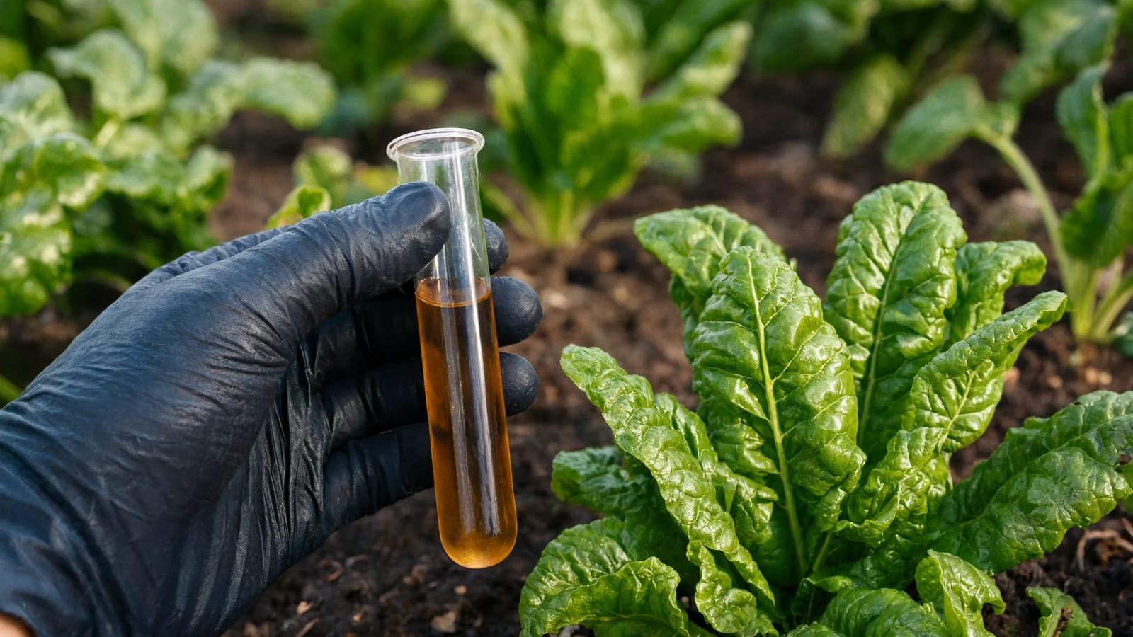 A gloved hand holding a soil test tube beside a plant