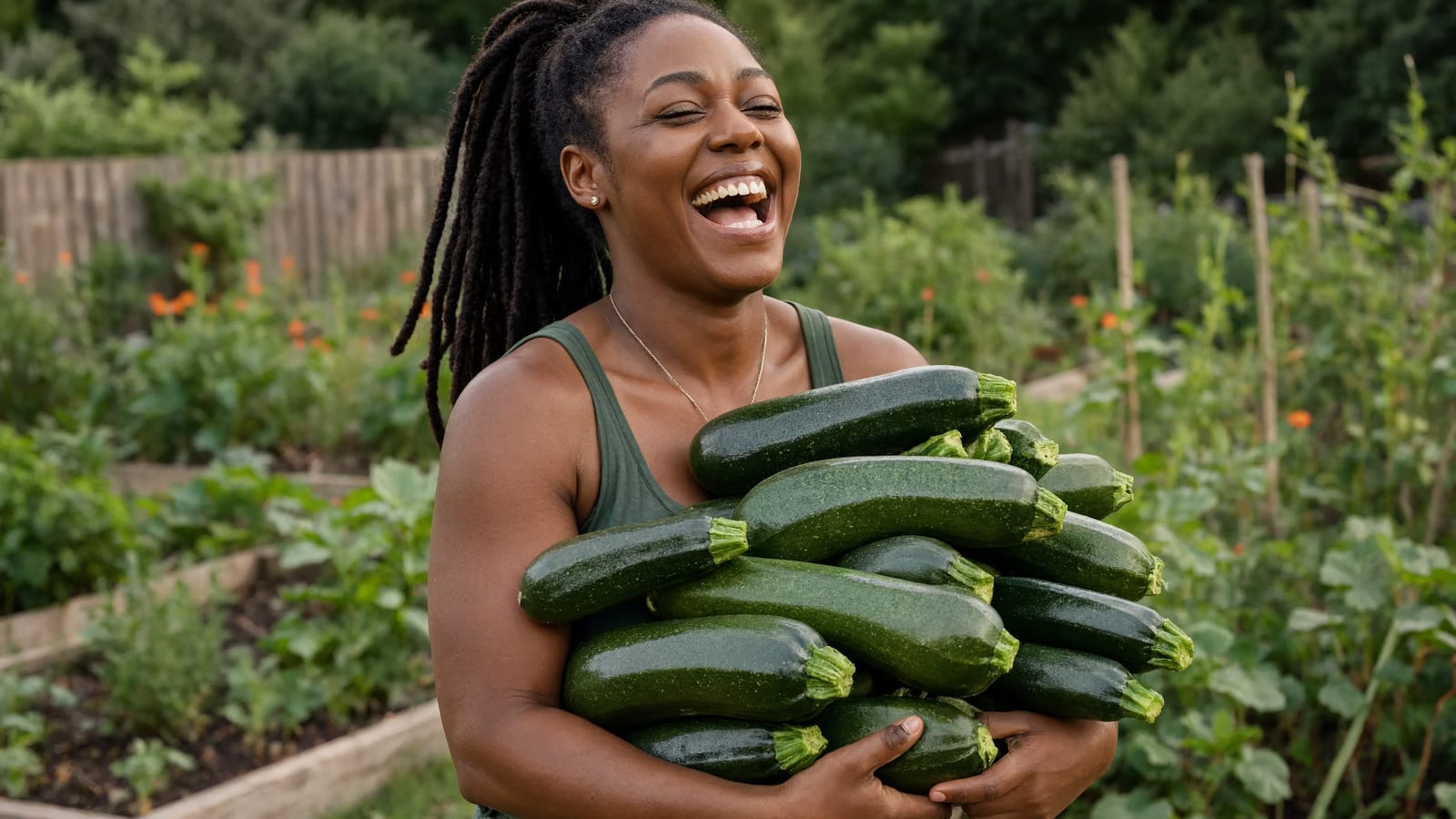 A gardener carrying an armful of freshly picked zucchini from the garden