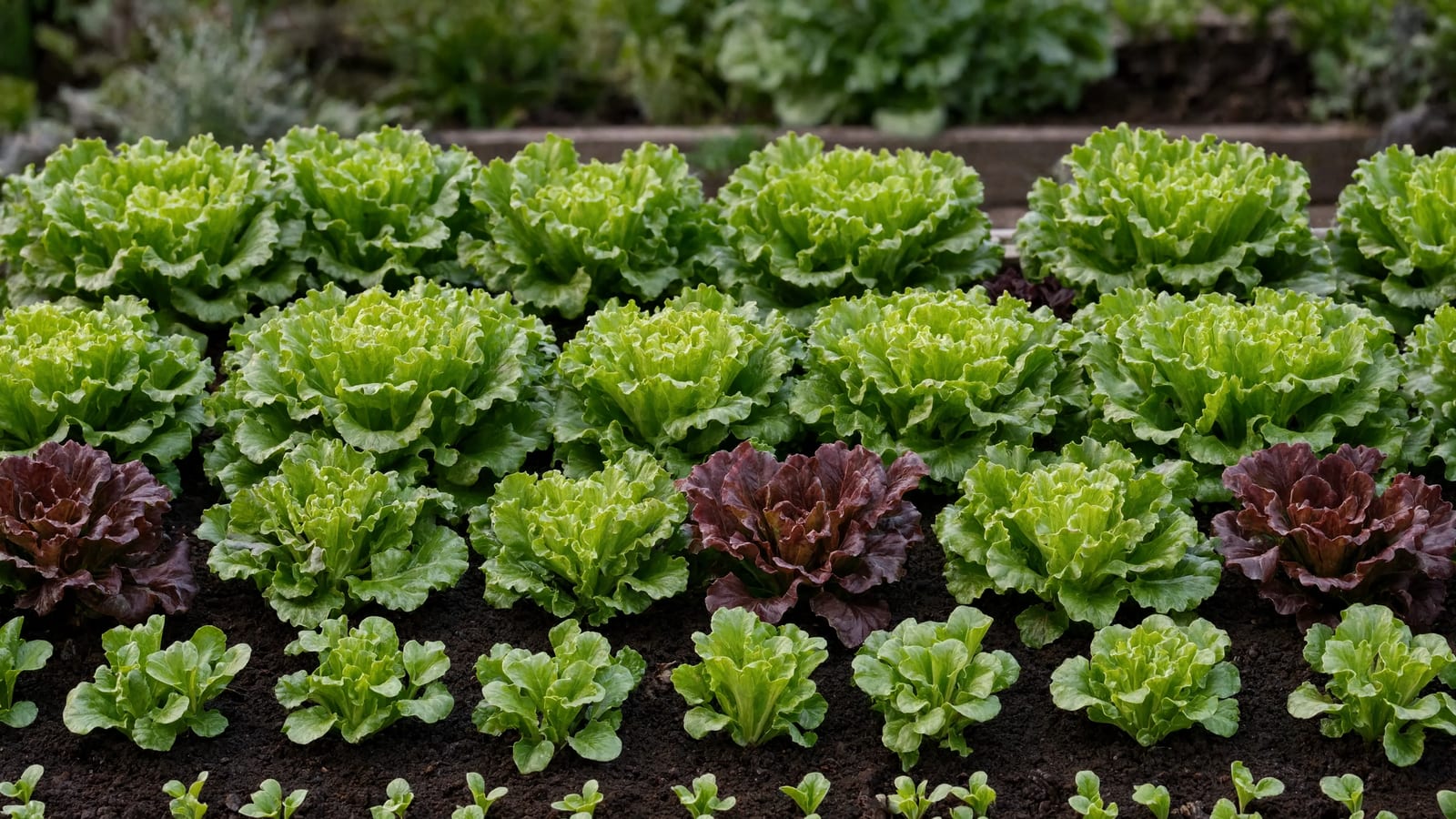 Neat, staggered rows of leafy greens in a garden