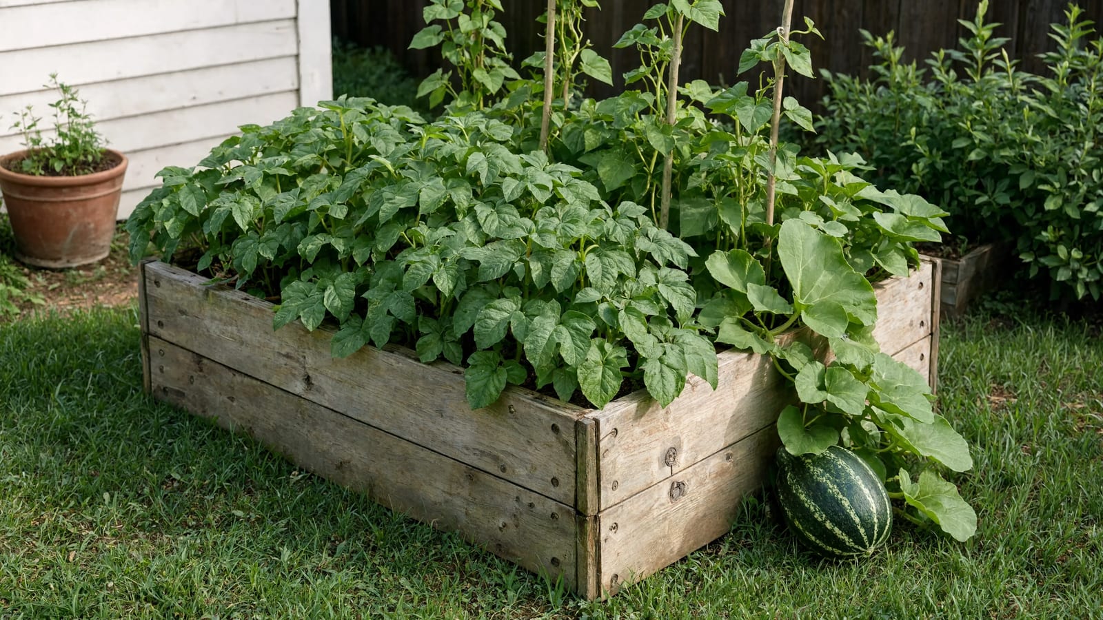 A single raised bed in a small backyard packed with potato foliage, beans climbing a cane trellis, and a squash vine trailing over the edge