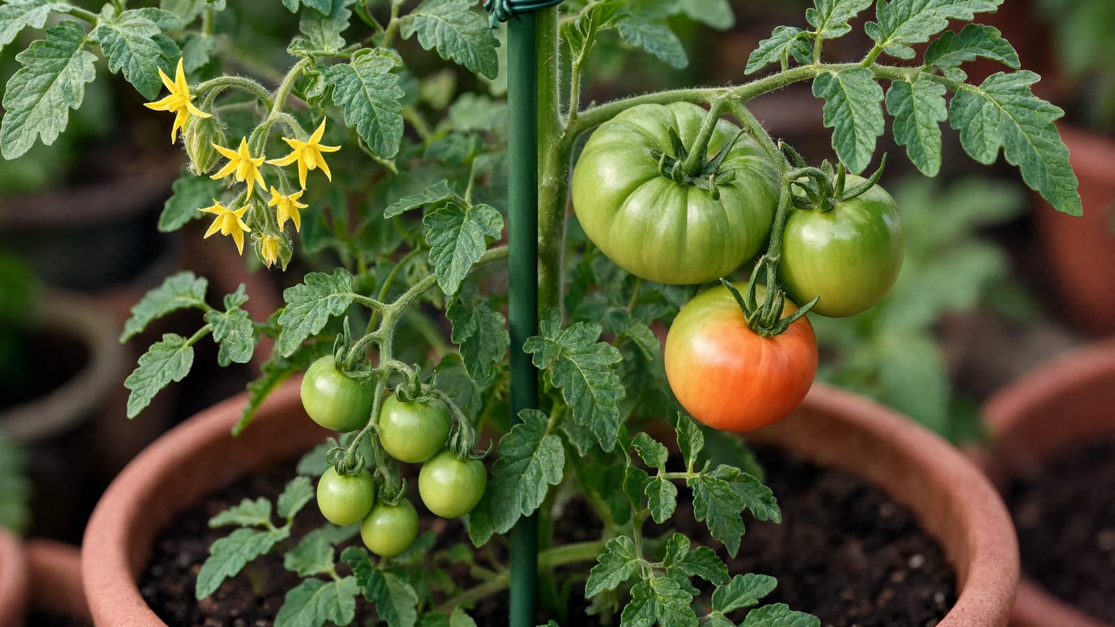 A staked tomato plant carrying green trusses and one ripening fruit in midseason