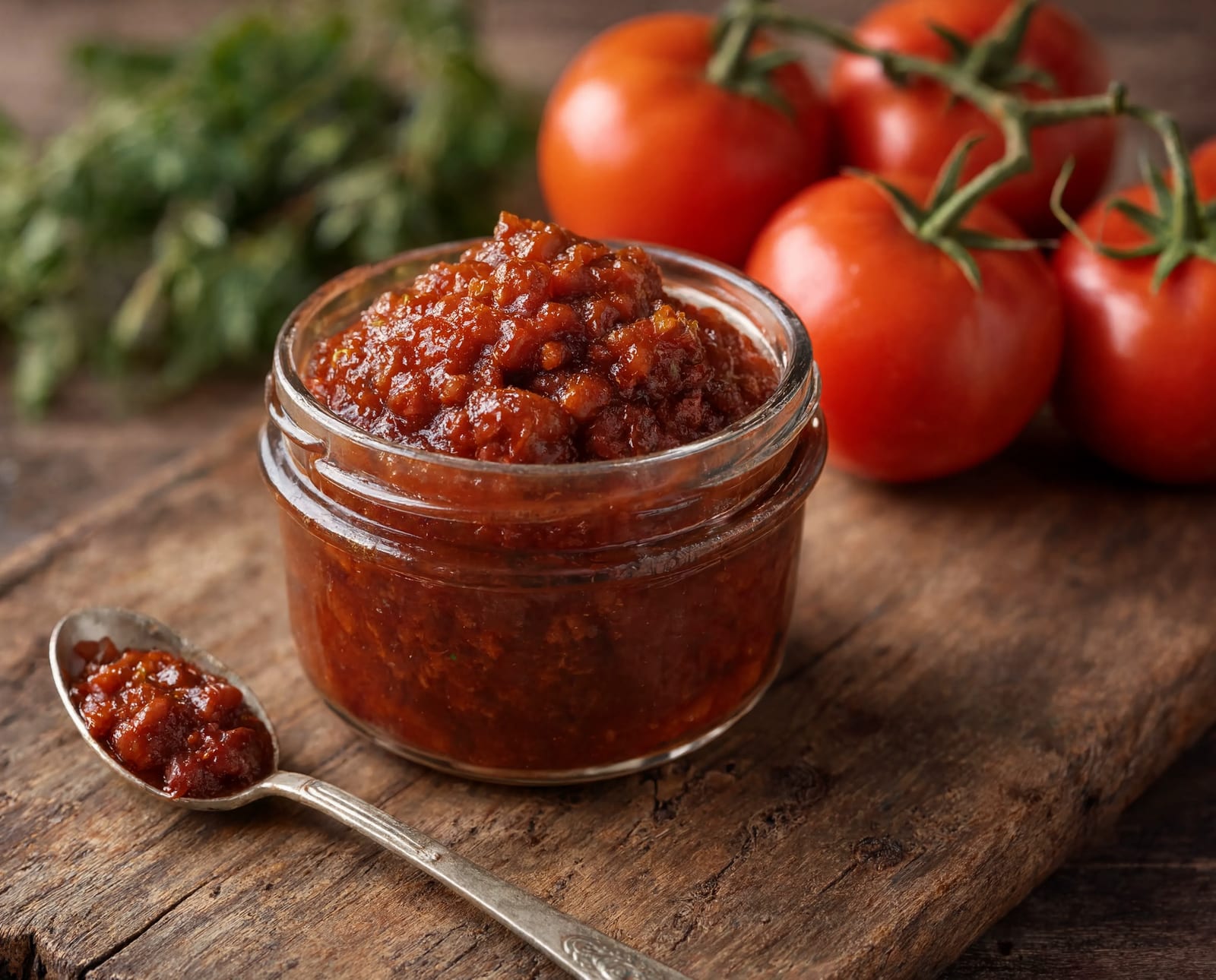 A container of dark red savory tomato jam