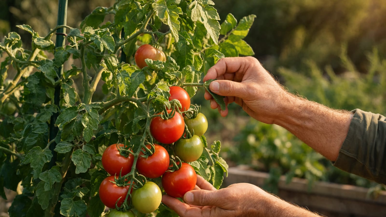 Ripe red and green tomatoes on a healthy vine