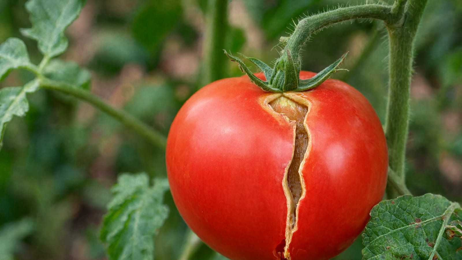 A ripe tomato with a deep split running down from the stem