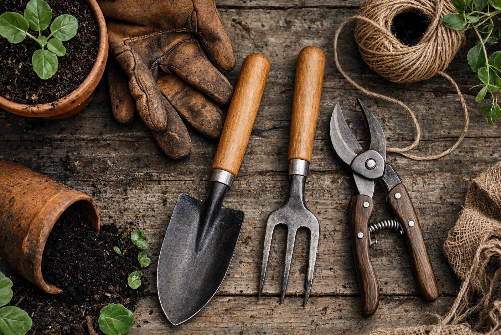 Overhead flat-lay of heirloom wood-handled garden tools, leather gloves, and twine on weathered wood