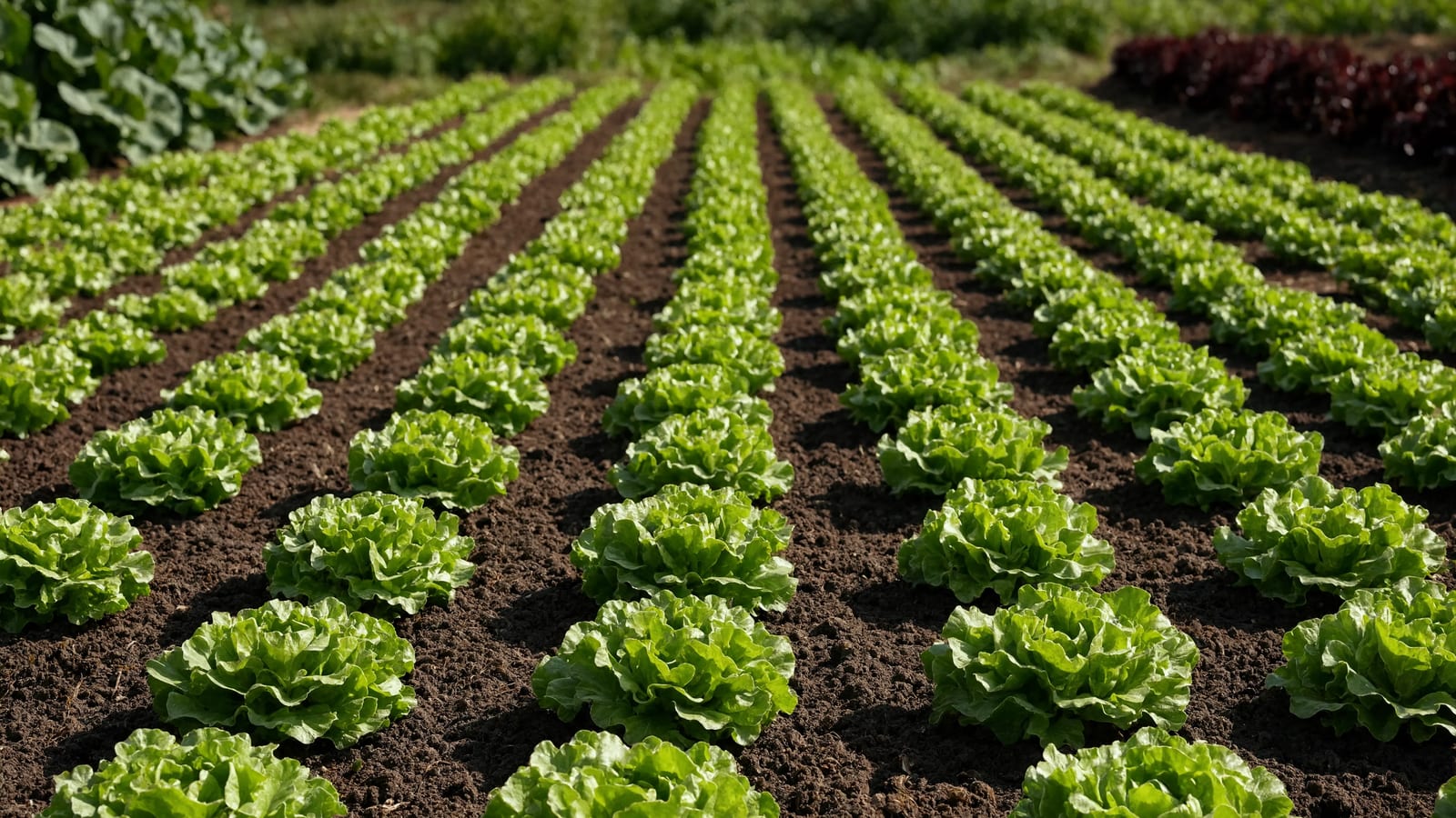 Evenly spaced rows of lettuce plants on a sunny farm