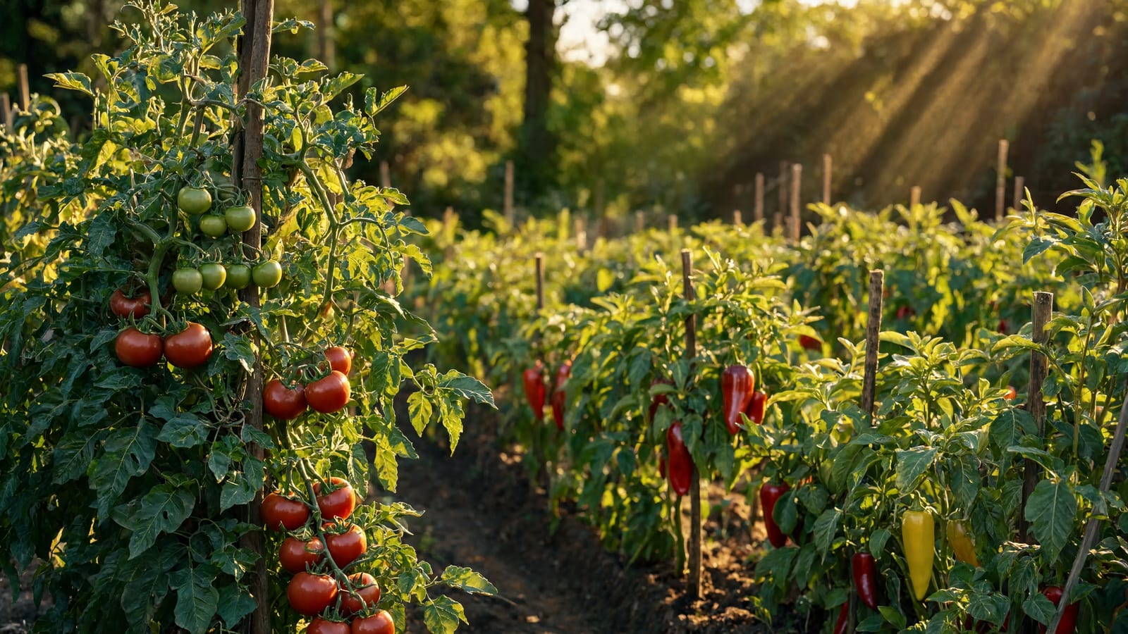 A sunlit vegetable garden with ripening crops