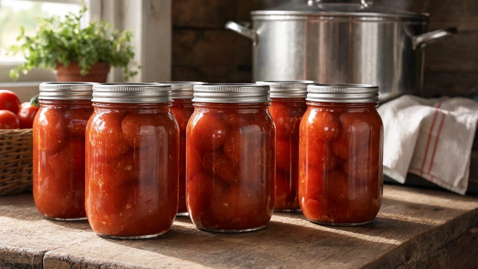 Homemade preserves in mason jars on a wooden shelf