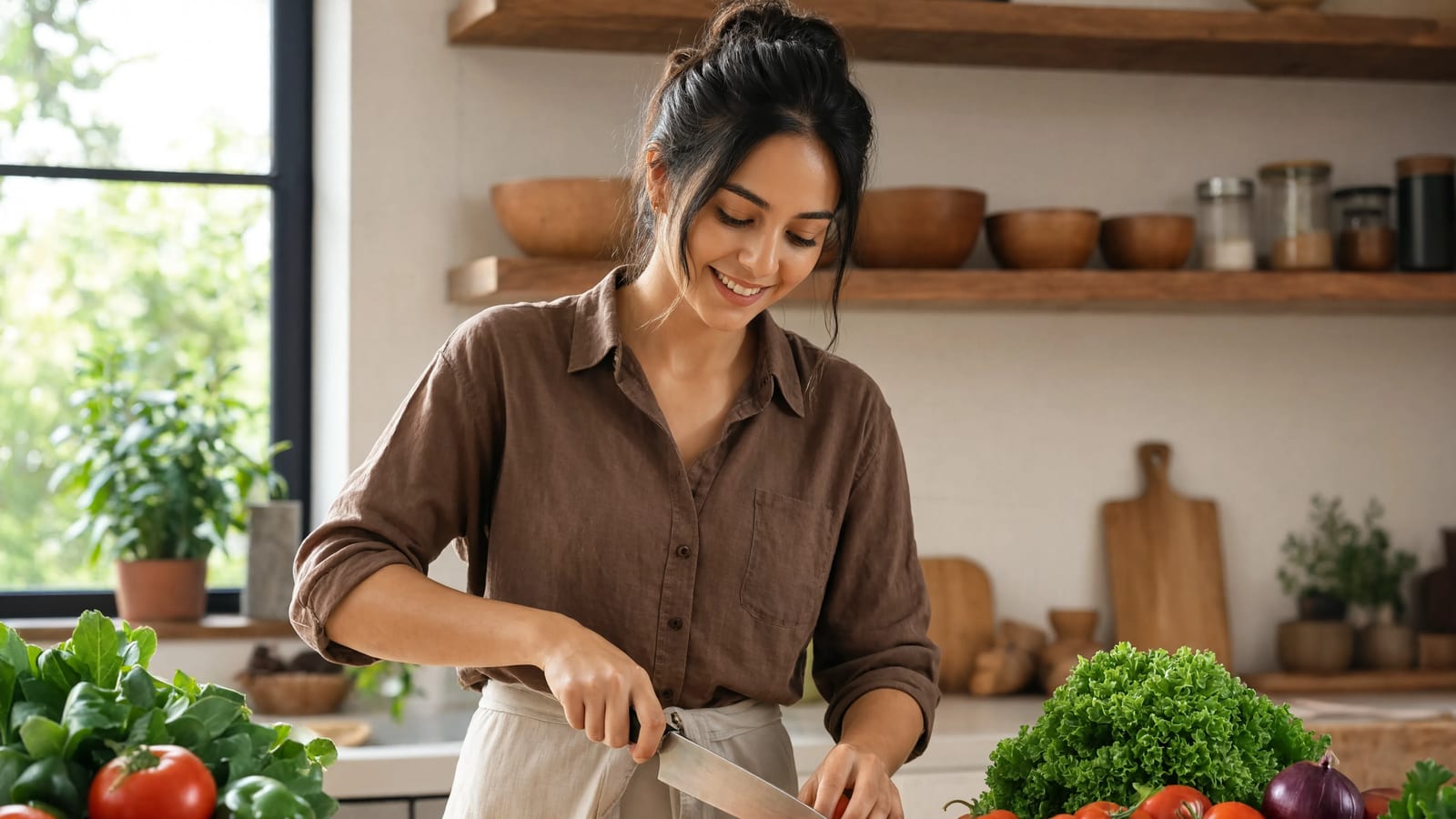 A cook chopping fresh vegetables on a cutting board