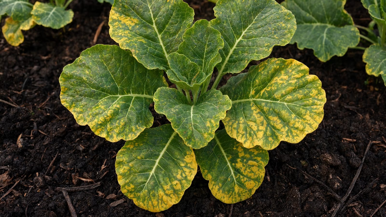 Vegetable plants with yellowing leaves in the garden