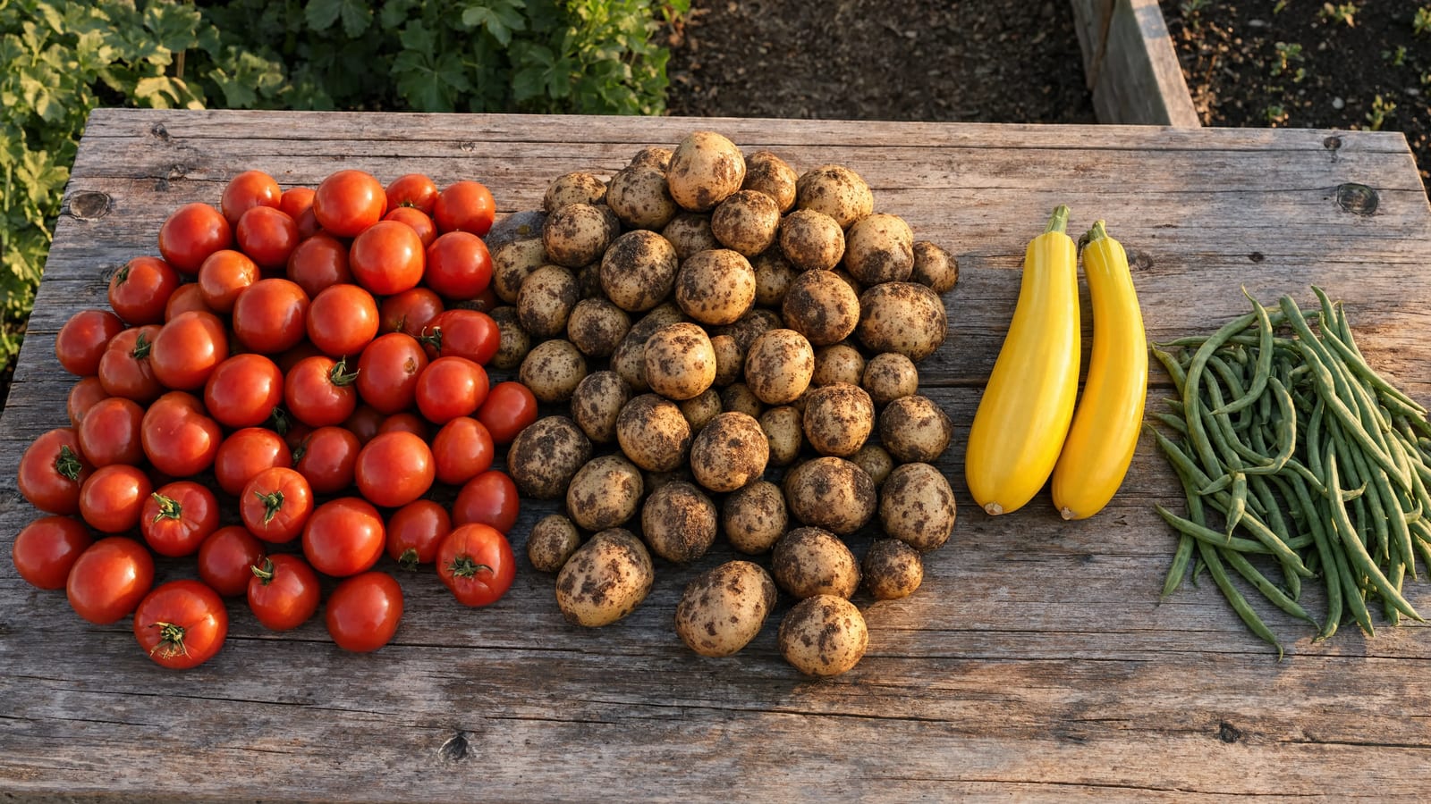 A harvest basket of tomatoes, squash, and beans on a garden bed