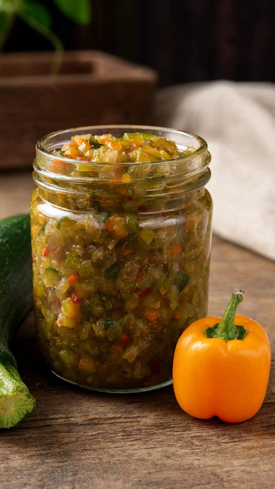 A jar of green and orange zucchini relish